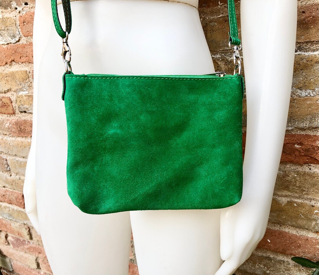Suede Leather Bag in GREEN. Cross Body Bag, Shoulder Bag in GENUINE Leather. Small Leather Bag