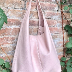 Slouch bag. Tote leather bag in light pink with ZIPPER. Soft genuine leather. Soft pink leather purse. Wide strap leather shoulder bag. WITHOUT POUCH