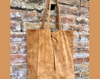 Camel brown TOTE leather bag.Soft natural genuine suede leather. Saddle brown suede shopper for your laptop, tablet, books.Brown suede purse