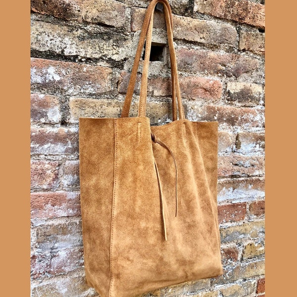 Camel brown TOTE leather bag.Soft natural genuine suede leather. Saddle brown suede shopper for your laptop, tablet, books.Brown suede purse