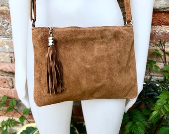 CAMEL BROWN suede leather bag. GENUINE leather small crossbody / shoulder bag.Adjustable strap and zipper. Tan brown suede purse with tassel