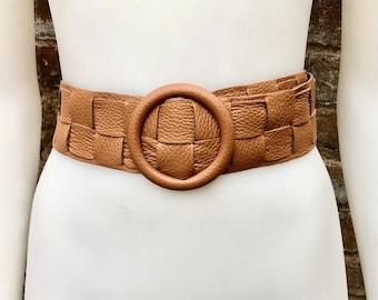 Camel brown leather waist belt with large round buckle. Boho soft genuine leather belt in light brown.Tan wide waist belt. Braided leather