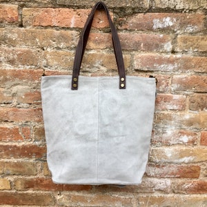 Large TOTE leather bag in light GRAY. Soft natural suede bag. Genuine leather shopper. Laptop or book bag in suede. Large crossbody bag. image 1