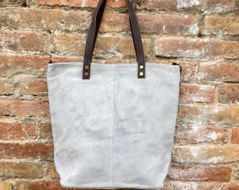 Large TOTE leather bag in light GRAY. Soft natural suede bag.  Genuine leather shopper.  Laptop or book  bag in suede.  Large crossbody bag.