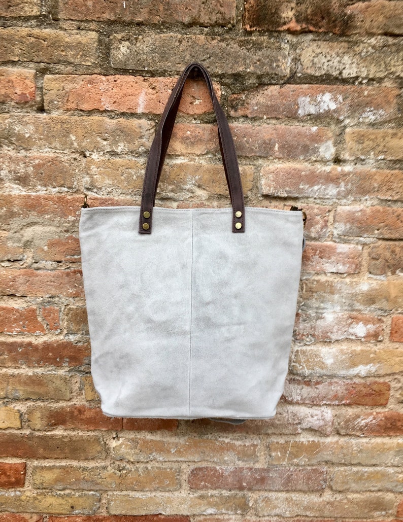 Large TOTE leather bag in light GRAY. Soft natural suede bag. Genuine leather shopper. Laptop or book bag in suede. Large crossbody bag. image 1