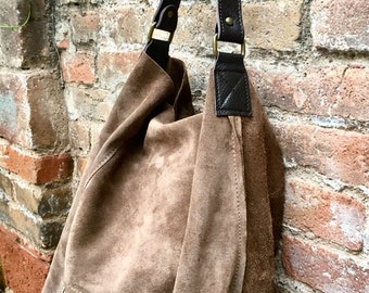 Slouch leather bag in light brown.Taupe color hobo shoulder bag. Boho bag. Book or tablet bags in suede. BROWN suede bag. Leather shopper