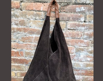 Slouch leather bag in dark brown suede. Genuine leather shoulder bag. Origami bag + camel brown leather accent. Large shopper. Brown purse
