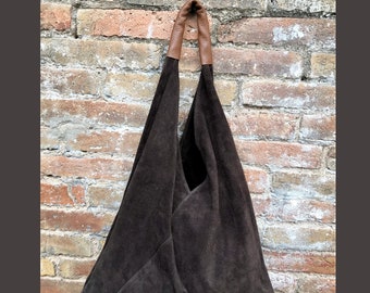 Slouch leather bag in dark brown suede. Genuine leather shoulder bag. Origami bag + camel brown leather accent. Large shopper. Brown purse