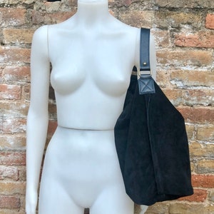 BLACK slouch leather shoulder bag.Genuine leather hobo bag.Boho bag for books or tablets. Soft leather shopper with brown leather wide strap