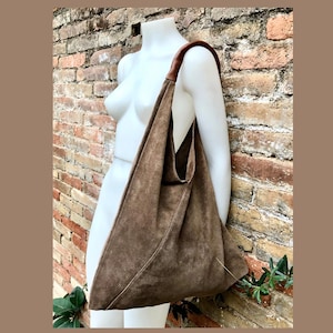 Slouch leather bag in Light brown suede . Large shoulder  bag in genuine leather. Taupe origami bag with brown leather accent. Large shopper
