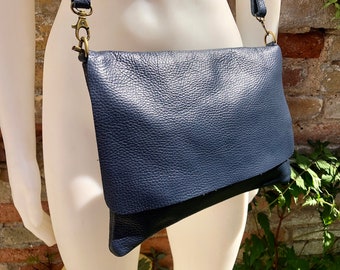 Cross body /shoulder bag. NAVY blue soft genuine leather bag with zipper, flap + adjustable strap. Dark blue leather purse. Navy messenger