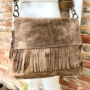 Cross body bag. BOHO suede leather bag in dark beige with FRINGES. Larger model. Genuine leather light brown - taupe crossbody hippy  bag .