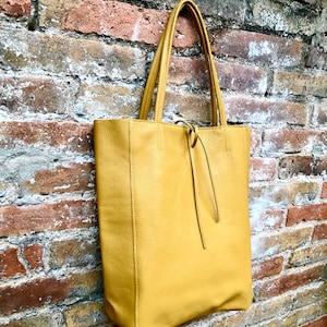 Mustard YELLOW tote leather bag. Soft natural GENUINE leather bag. Large yellow leather shopper with ZIPPER.  Laptop or book bag in mustard.