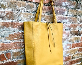 Mustard YELLOW tote leather bag. Soft natural GENUINE leather bag. Large yellow leather shopper with ZIPPER.  Laptop or book bag in mustard.
