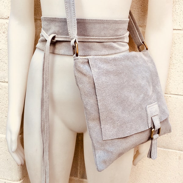 Messenger bag and wide belt in gray suede. Genuine leather bag and belt set.Gray crossbody or shoulder bag and wrap belt. Waist belt and bag