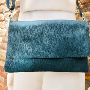 Small leather bag in teal BLUE-GREEN. Crossbody or shoulder bag in GENUINE leather. Blue purse with adjustable strap, flap and zipper. image 7
