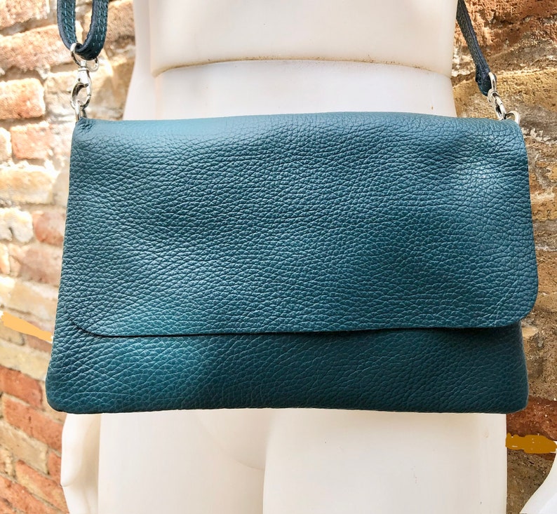 Small leather bag in teal BLUE-GREEN. Crossbody or shoulder bag in GENUINE leather. Blue purse with adjustable strap, flap and zipper. image 7