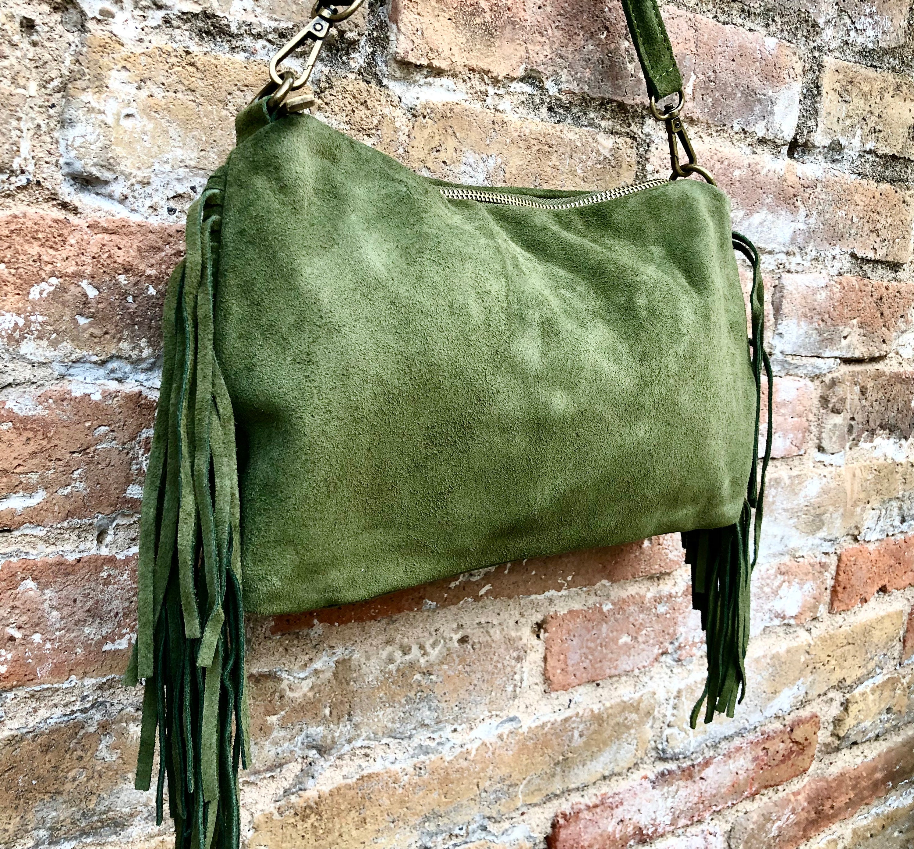 Vintage Green PU Leather Boho Fringe Crossbody Bag Purse for Women