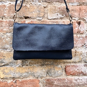 Small leather bag in NAVY BLUE. Crossbody or shoulder bag in GENUINE  leather. Dark blue purse with adjustable strap. flap and zipper.