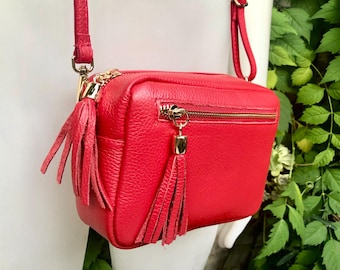 Small red leather bag. GENUINE leather shoulder / cross body bag. Bright red leather purse with tassels, adjustable strap and zipper.