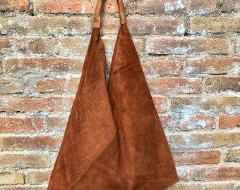 CAMEL brown suede slouch leather bag. Genuine leather large shoulder bag. Rusty brown origami bag with brown leather accent. Large shopper