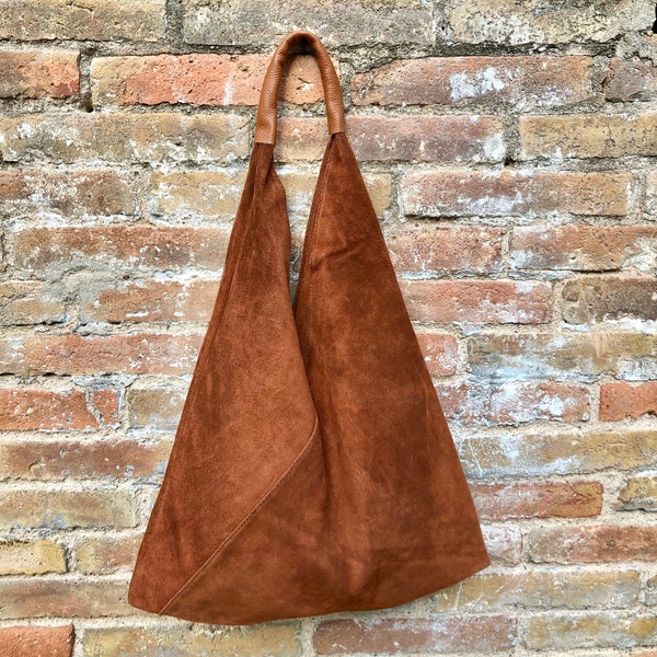 CAMEL brown suede slouch leather bag. Genuine leather large shoulder bag. Rusty brown origami bag with brown leather accent. Large shopper