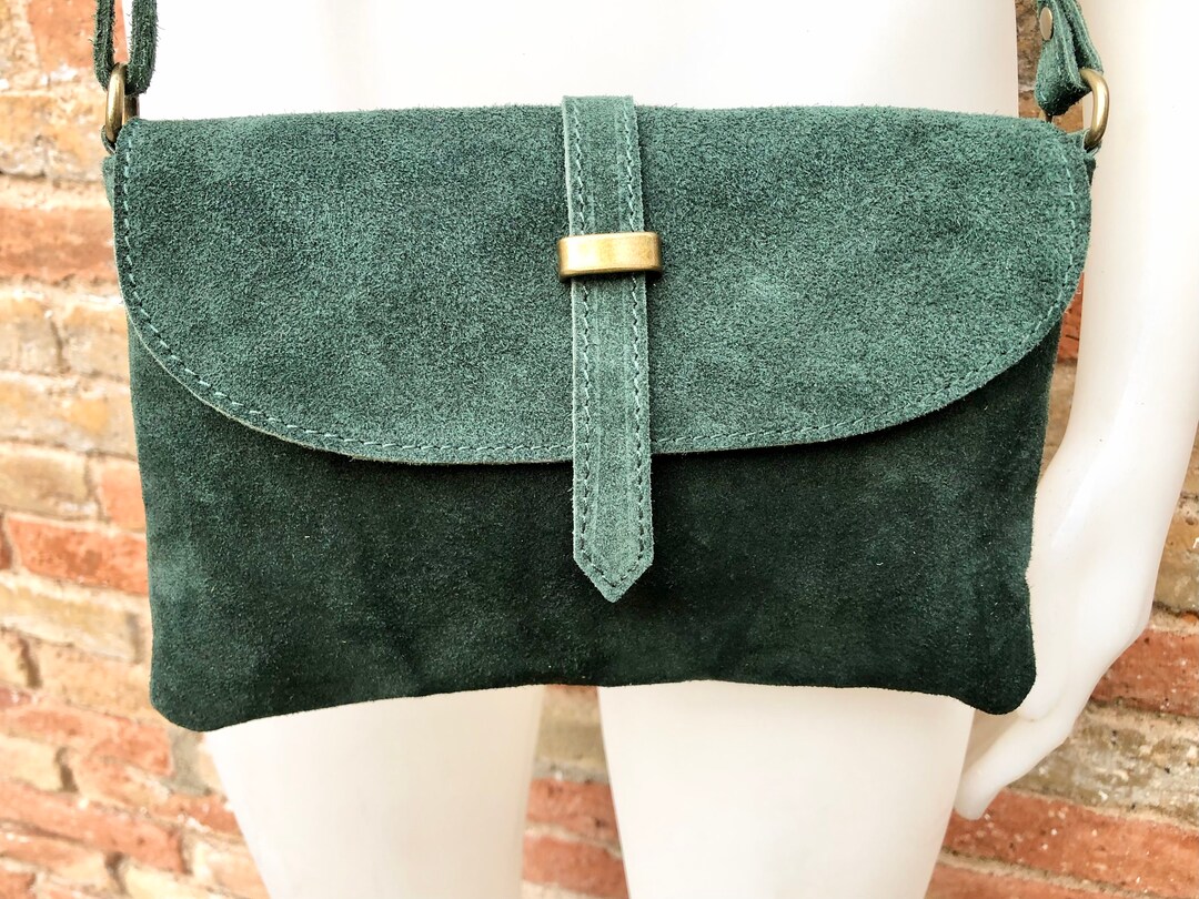 Suede Leather Bag in DARK GREEN. Crossbody Bag in GENUINE Leather.green