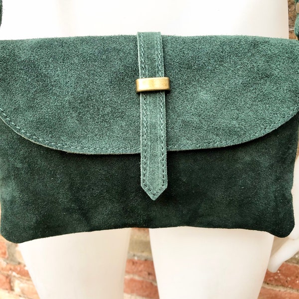 Suede leather bag in  DARK GREEN. Crossbody bag in GENUINE  leather.Green  small leather bag with adjustable strap and zipper.