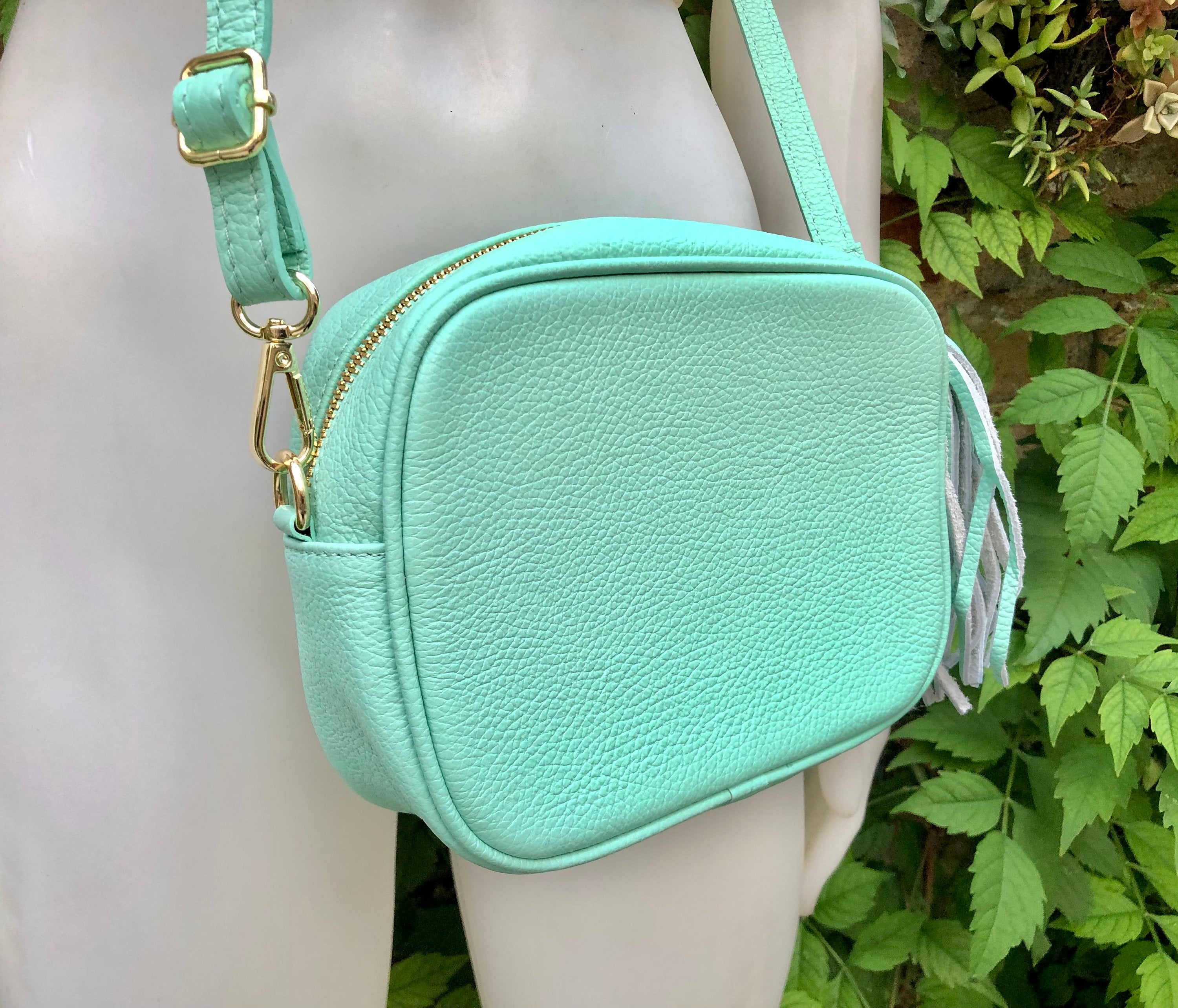 Small Leather Bag in Aqua Green. GENUINE Leather Cross Body
