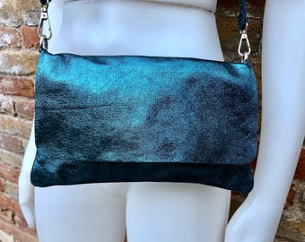 Small leather bag in metallic teal BLUE. Crossbody or shoulder bag in GENUINE  leather. Blue purse with adjustable strap. flap and zipper.