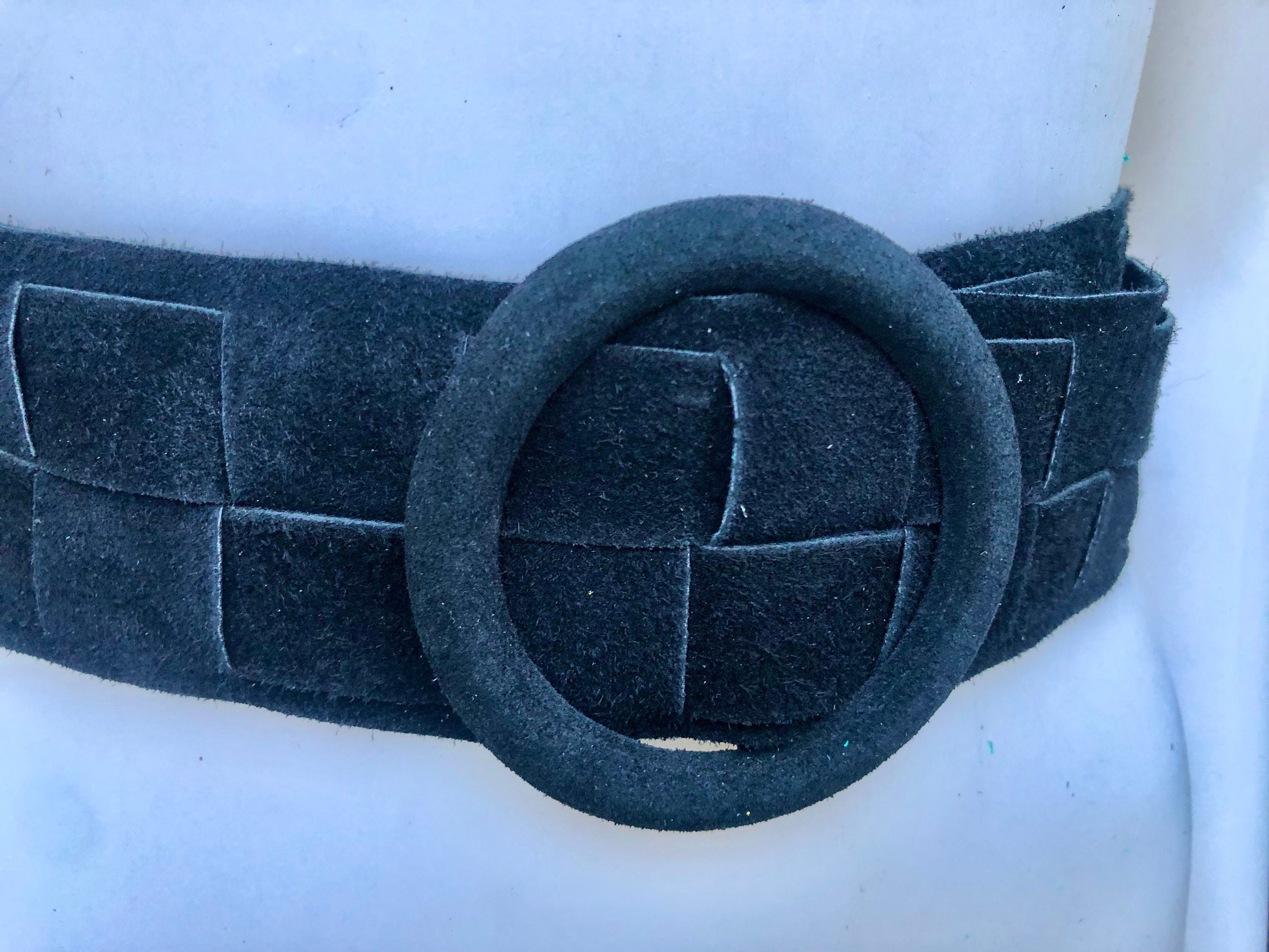 Black Suede Belt Wide Waist Circle Buckle Size S/M Black Wide Suede Belt 32 mm - Handcrafted in Italy main image 4
