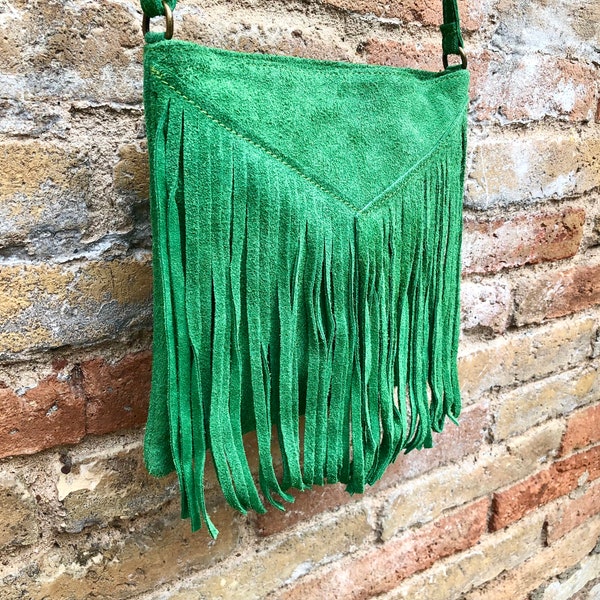 Cross body fringe bag. BOHO suede leather bag in GREEN with FRINGES. Messenger bag in soft  genuine suede leather. Crossbody green hippy bag