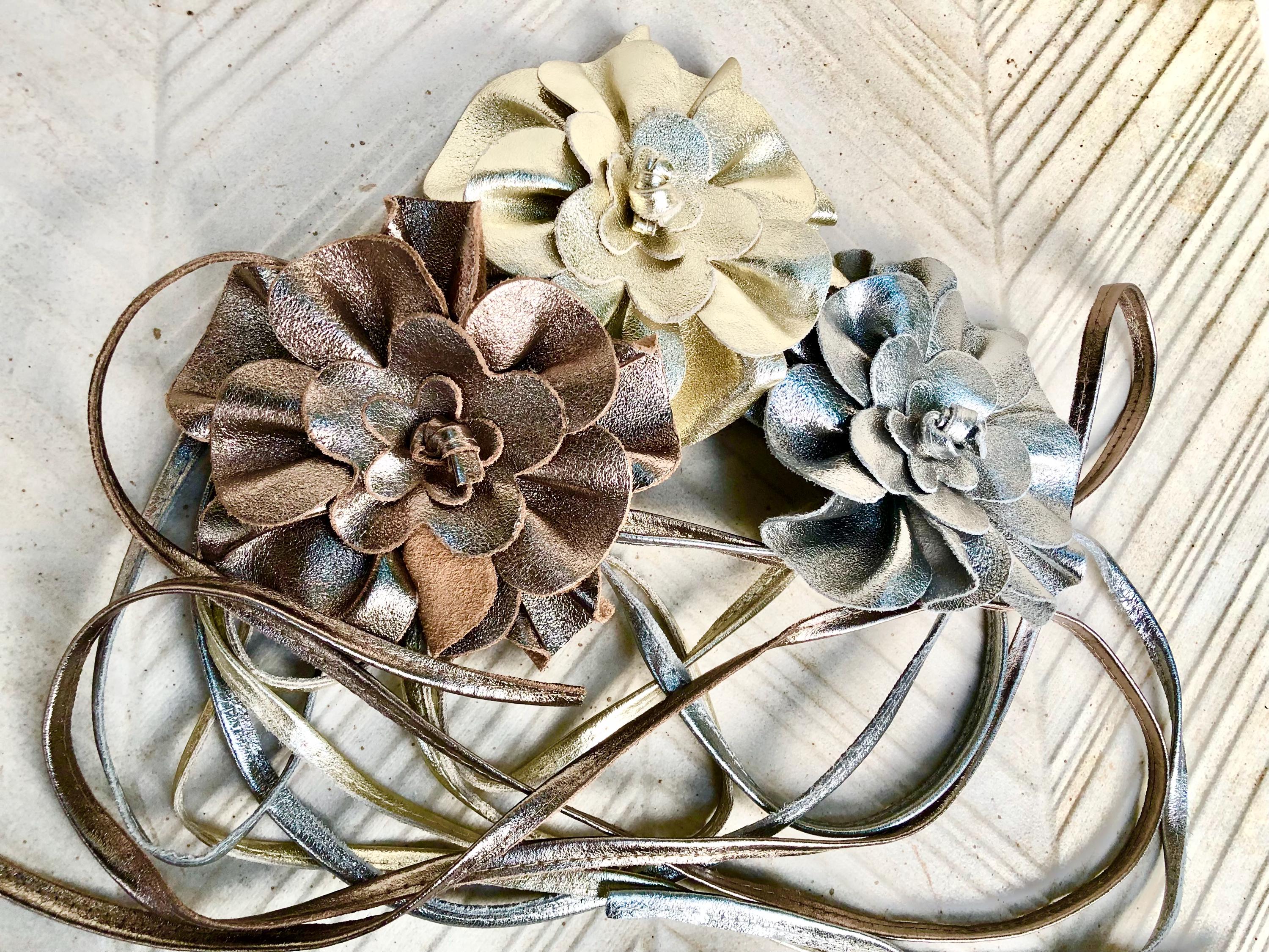 Flower Leather Belt in GOLD. Waist, Overall or Dress Belt