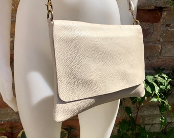 Cross body /shoulder bag. Cream color soft genuine leather bag with zipper, flap + adjustable strap. Creamy white leather purse. Light beige