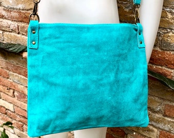 TURQUOISE BLUE suede messenger bag with suede strap. Soft genuine leather crossbody / shoulder bag for books, tablets. TURQUOISE suede purse
