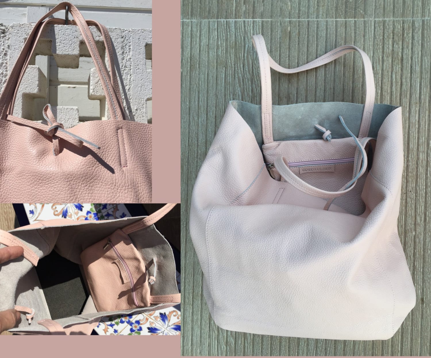 トートバッグ LIGHT PINK LEATHER TOTE BAG Pink Leather Bag. TOTE Leather Shopper in Light PINK