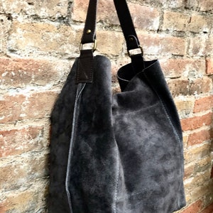 Dark gray slouch leather bag. Grey suede hobo bag. Soft leather shopper bag. Book or tablet bag in genuine natural suede with ZIPPER.