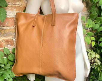 Bolso de piel color MARRÓN CAMEL con cremallera. Bolso shopper de piel auténtica. Bolso de hombro grande color marrón tostado para portátil y libros. Shopper de piel suave.