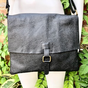 Black crossbody leather bag. Soft genuine leather bag. Black messenger. Black purse with zipper, flap and adjustable strap.