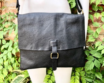 Black crossbody leather bag. Soft genuine leather bag. Black messenger. Black purse with zipper, flap and adjustable strap.