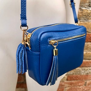 Small leather bag in dark cobalt blue. GENUINE leather shoulder or crossbody bag. Royal blue purse, adjustable strap and zipper.