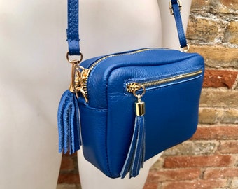 Small leather bag in dark cobalt blue. GENUINE leather shoulder or crossbody bag. Royal blue purse, adjustable strap and zipper.