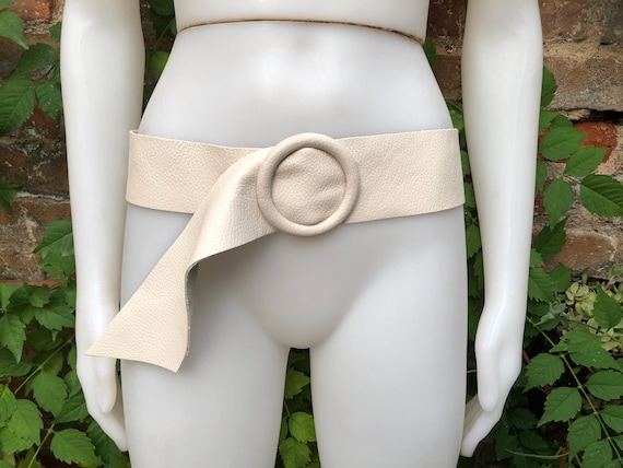 Cream Leather Waist Belt With Large Round Buckle. Soft 