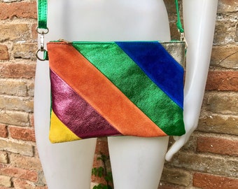 Small party bag in metallic shine leather.Green, royal blue, orange cross body/shoulder bag in GENUINE leather. Rainbow purse..Disco 70s