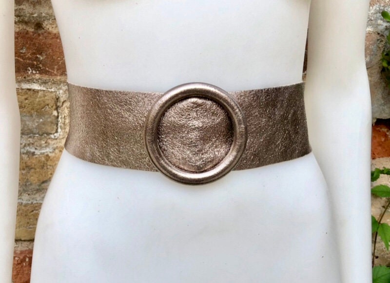 BRONZE Leather Waist Belt With Large Round Buckle. Soft  display picture 3