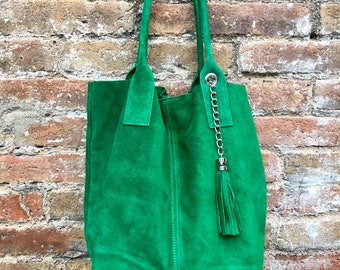 Sac shopper vert en cuir suédé VÉRITABLE. Slouchy porte tous les sacs fourre-tout pour votre ordinateur portable, tablette, livres. Bourse en cuir VERT. Sac à bandoulière vert