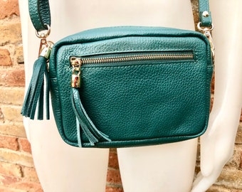 Small leather green bag. GENUINE leather shoulder or cross body bag. Dark green leather purse with tassels, adjustable strap and zipper