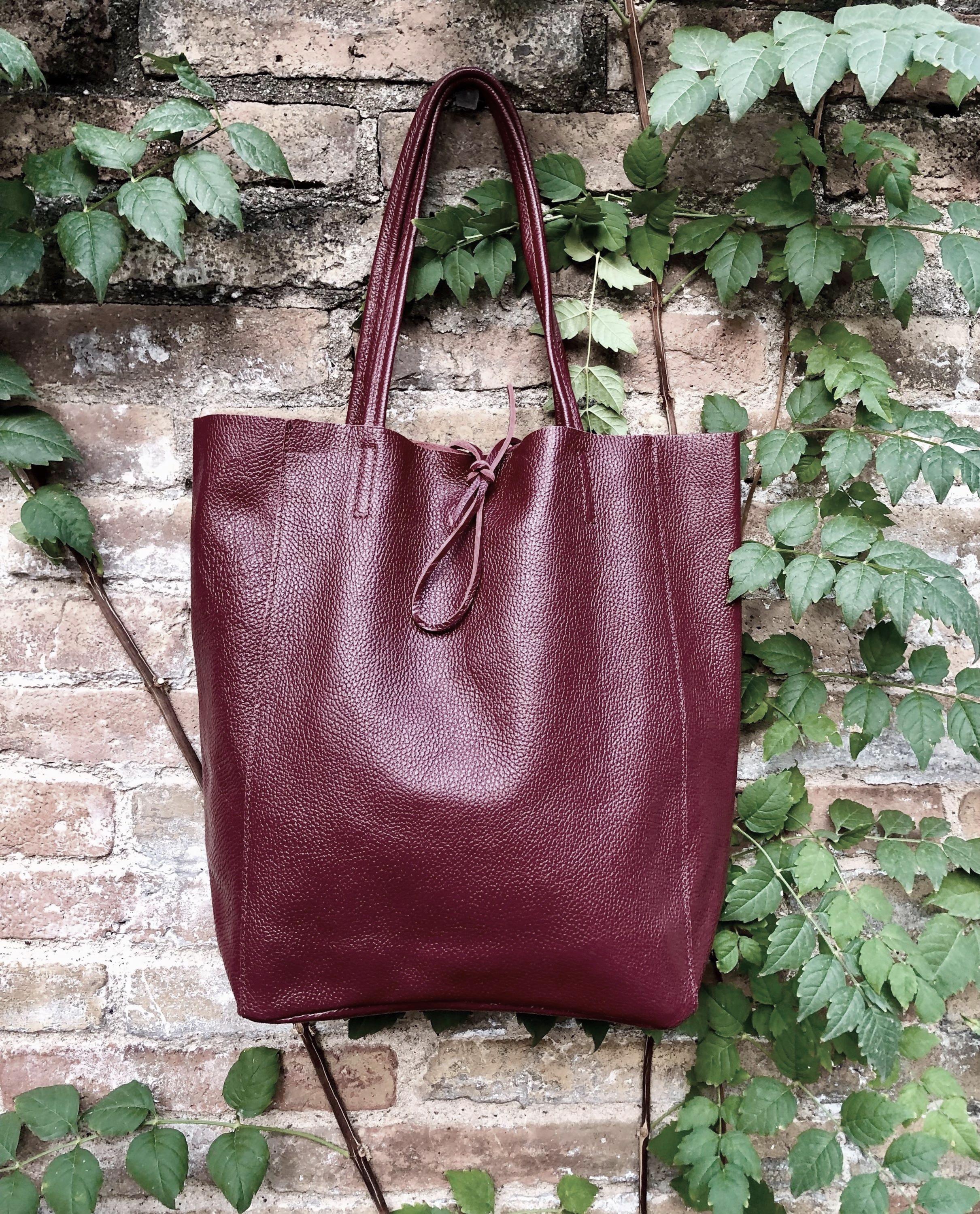 Tote Leather Bag in Dark Burgundy. Maroon Leather Shopper With