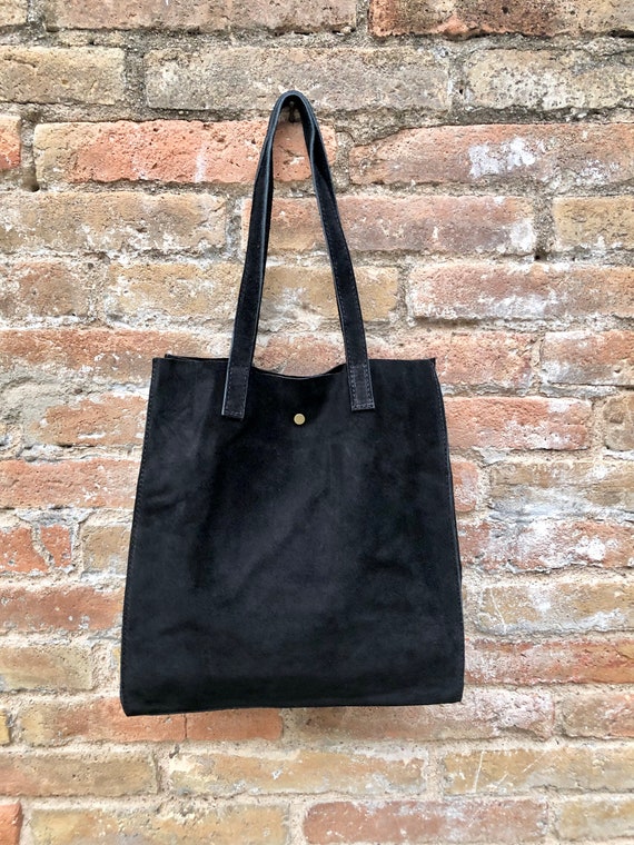Tote Suede Leather Bag in Black.soft Natural Genuine Leather