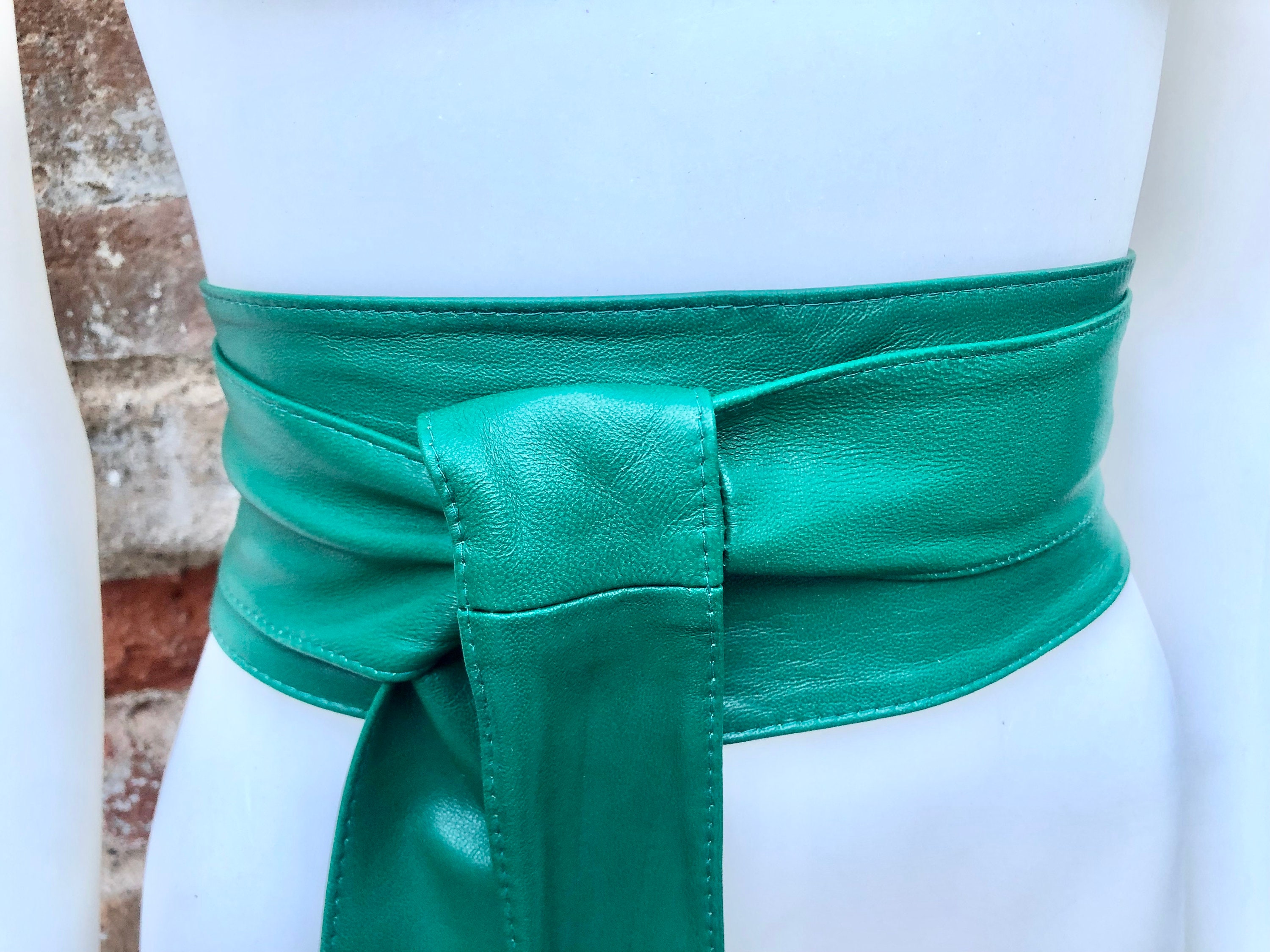 Green Free Style Obi Statement Belt Green Obi belt soft genuine leather wrap belt | Wide waist  main image 2